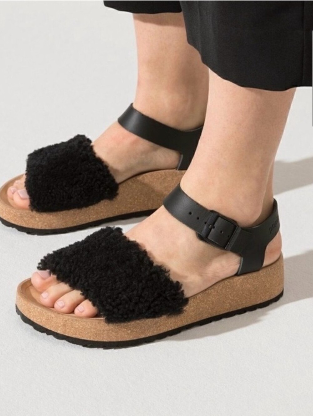 Birkenstock Glenda Teddy Platform Sandal In Black Sherling And Leather Sz 38 NWT